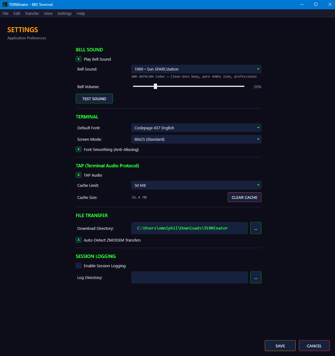 TERMinator Windows - Settings panel